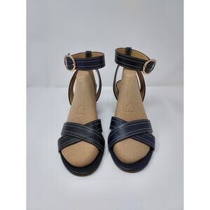 Talbots Sandals 3" Block Heel Ankle Strap Navy Leather, Gold Buckles Size 8.5